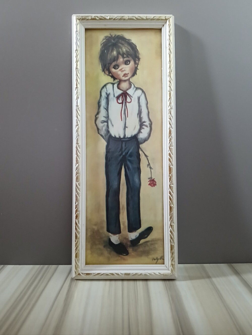 Vtg Big Eye Boy with Rose 10.5" x 4” Framed Wall Art ~ F. Idylle AKA Jolylle